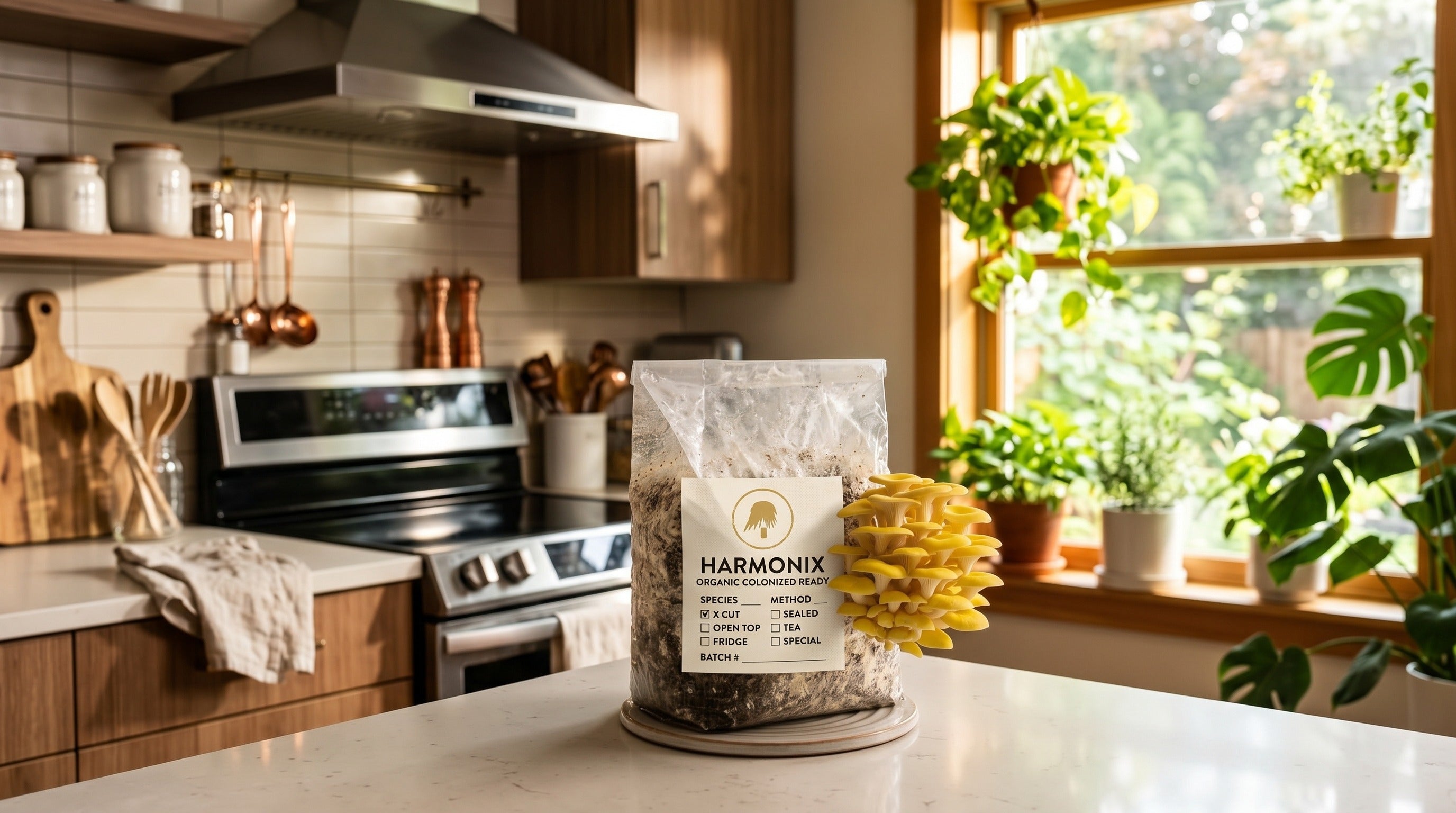A living Harmonix grow bag on a kitchen counter beside a spray bottle
